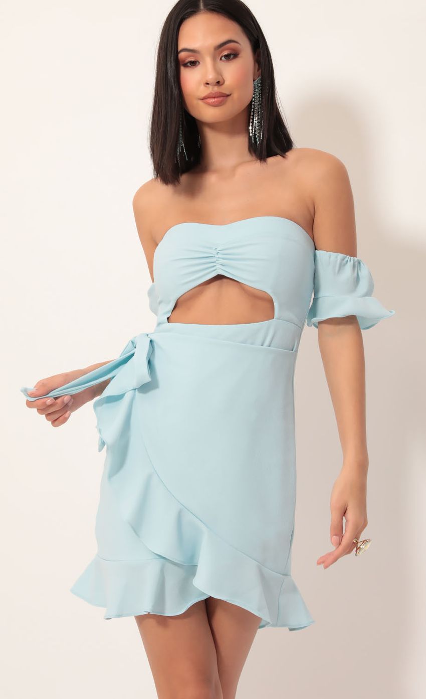 Picture Melrose Off Shoulder Wrap Dress in Light Blue. Source: https://media-img.lucyinthesky.com/data/Dec19_2/850xAUTO/781A7985.JPG