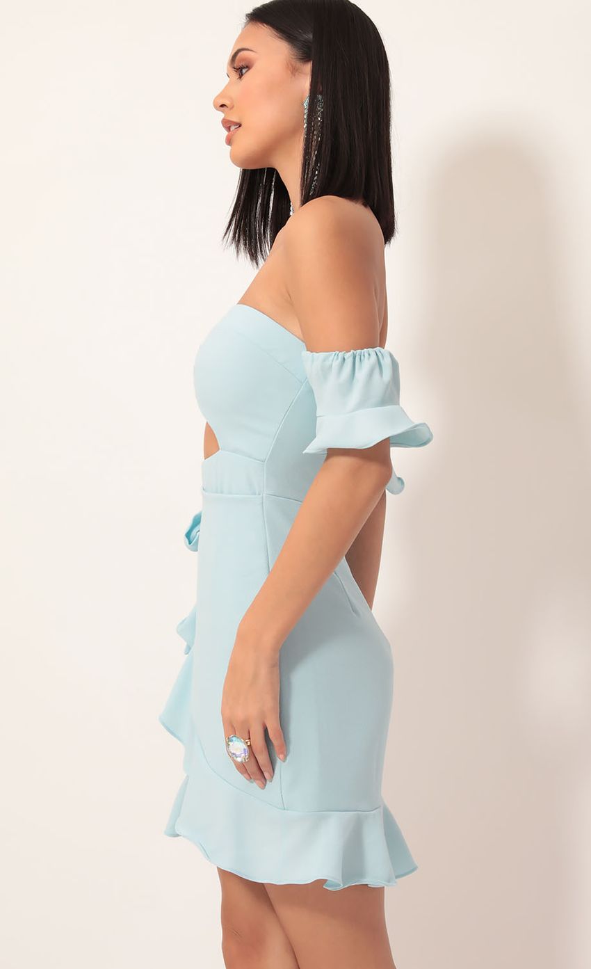 Picture Melrose Off Shoulder Wrap Dress in Light Blue. Source: https://media-img.lucyinthesky.com/data/Dec19_2/850xAUTO/781A7994.JPG