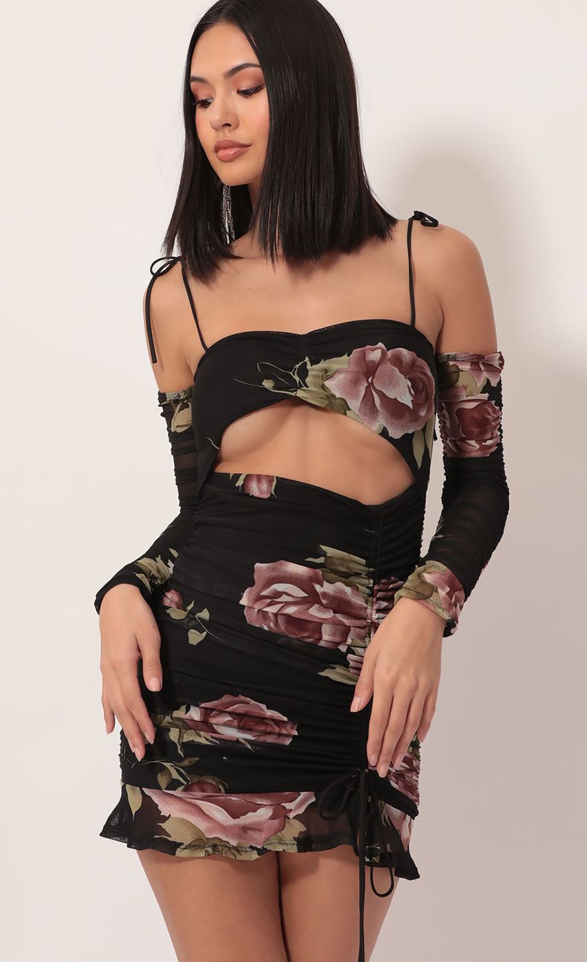 Picture Alessia Mesh Cutout Dress in Black Floral. Source: https://media-img.lucyinthesky.com/data/Dec19_2/850xAUTO/781A8394.JPG