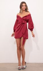 Picture Lorella Off Shoulder Wrap Dress in Satin Rust. Source: https://media-img.lucyinthesky.com/data/Dec20_2/150xAUTO/1V9A0213.JPG