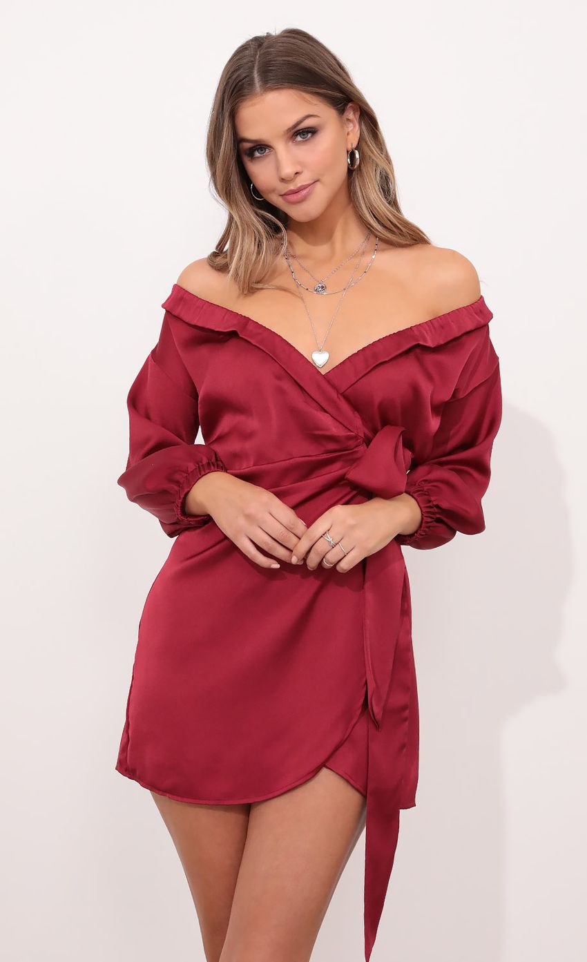 Picture Lorella Off Shoulder Wrap Dress in Burgundy. Source: https://media-img.lucyinthesky.com/data/Dec20_2/850xAUTO/1V9A0214.JPG