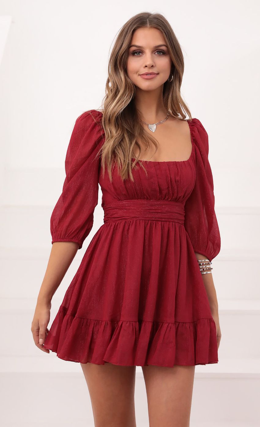 Picture Neia Ruffle Dress in Burgundy. Source: https://media-img.lucyinthesky.com/data/Dec20_2/850xAUTO/1V9A7053.JPG