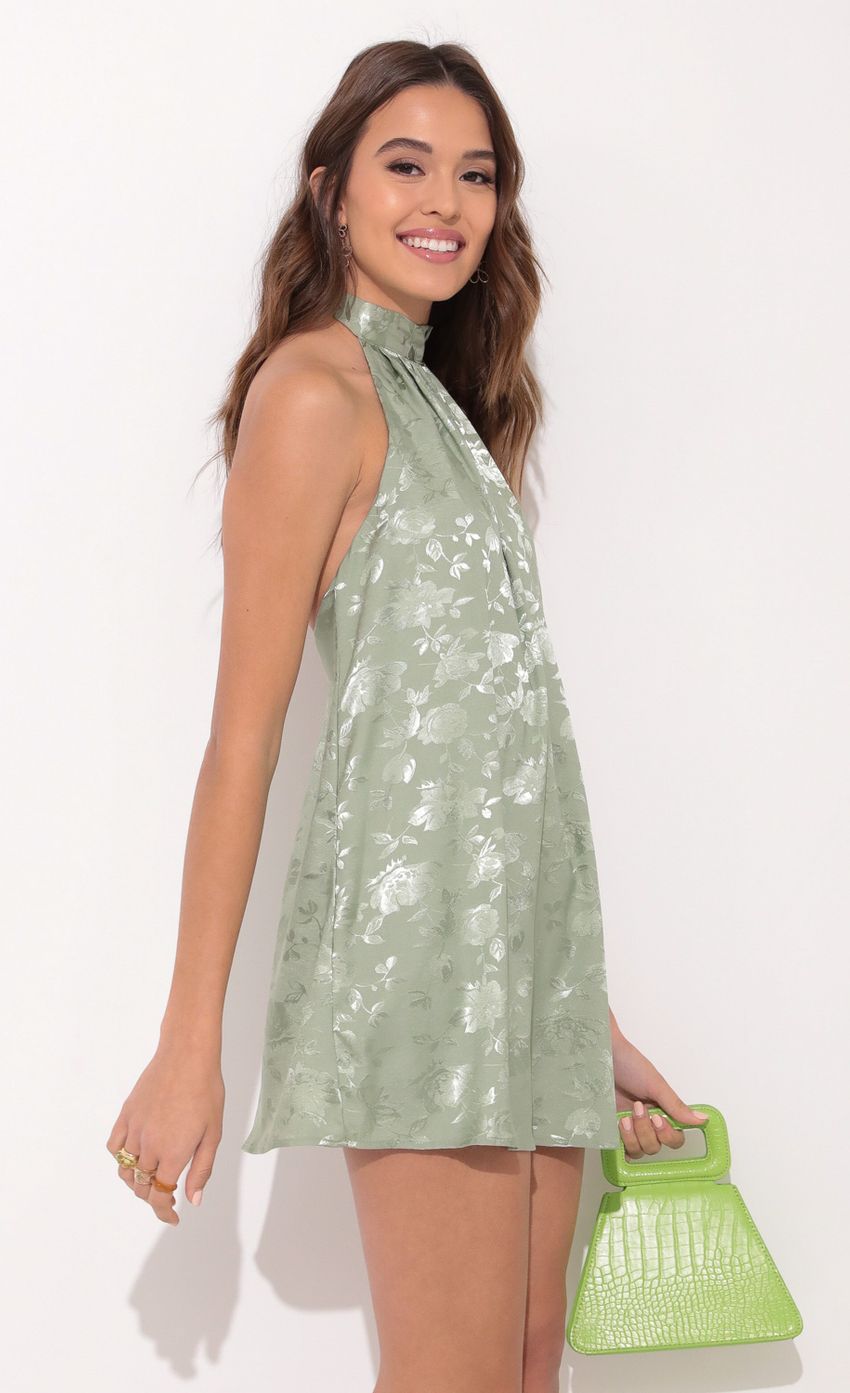 Picture Satin Halter Dress In Floral Green. Source: https://media-img.lucyinthesky.com/data/Dec21_1/850xAUTO/1V9A0109.JPG