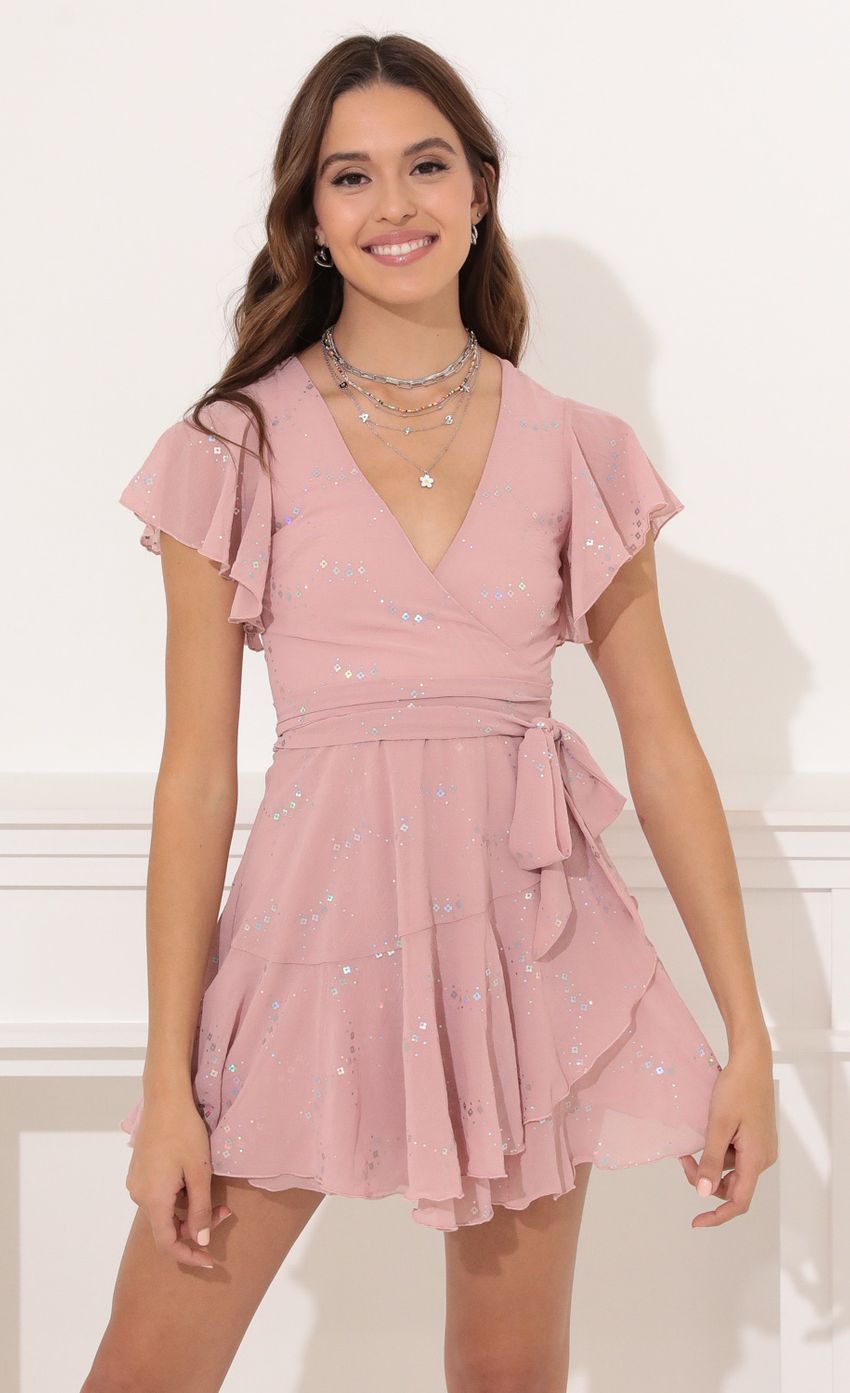 Picture Eliza Wrap Dress in Pink. Source: https://media-img.lucyinthesky.com/data/Dec21_1/850xAUTO/1V9A4534.JPG