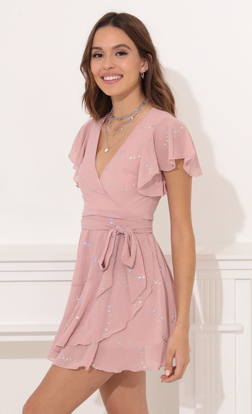Picture Eliza Wrap Dress in Pink. Source: https://media-img.lucyinthesky.com/data/Dec21_1/850xAUTO/1V9A4626.JPG