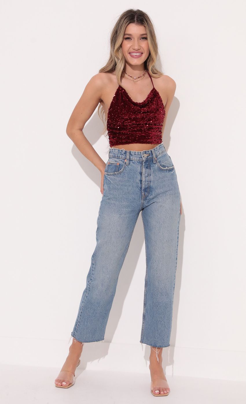 Picture Iridescent Sequin Halter Top in Red. Source: https://media-img.lucyinthesky.com/data/Dec21_1/850xAUTO/1V9A4741.JPG