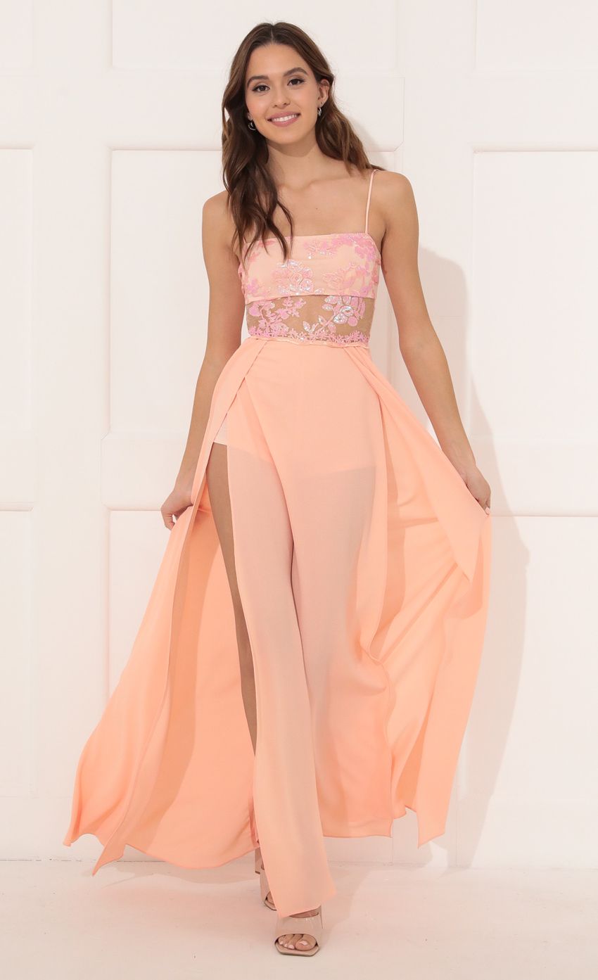 Picture Kingsley Maxi Dress in Peach. Source: https://media-img.lucyinthesky.com/data/Dec21_1/850xAUTO/1V9A5048.JPG
