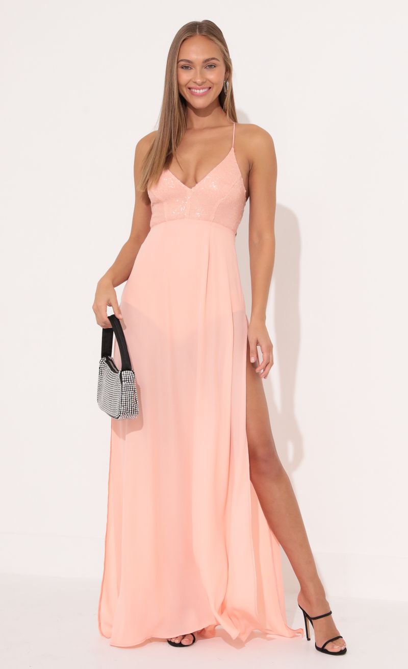 Sequin Maxi Dress in Peach | LUCY IN THE SKY