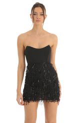 Picture Dangling Sequin Corset Dress in Black. Source: https://media-img.lucyinthesky.com/data/Dec22/150xAUTO/665db9d4-9e1c-4afb-80bf-43b7805be792.jpg