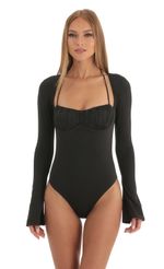 Picture Flare Long Sleeve Bodysuit in Black. Source: https://media-img.lucyinthesky.com/data/Dec22/150xAUTO/706655e6-2b06-4489-90df-1a1dae5deada.jpg