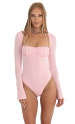 Picture Flare Long Sleeve Bodysuit in Pink. Source: https://media-img.lucyinthesky.com/data/Dec22/150xAUTO/92f27678-d6e8-4719-8700-6eeaf967a27f.jpg