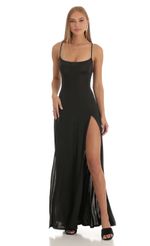 Black Ruched Maxi Dress With Slit And Rhinestone Straps