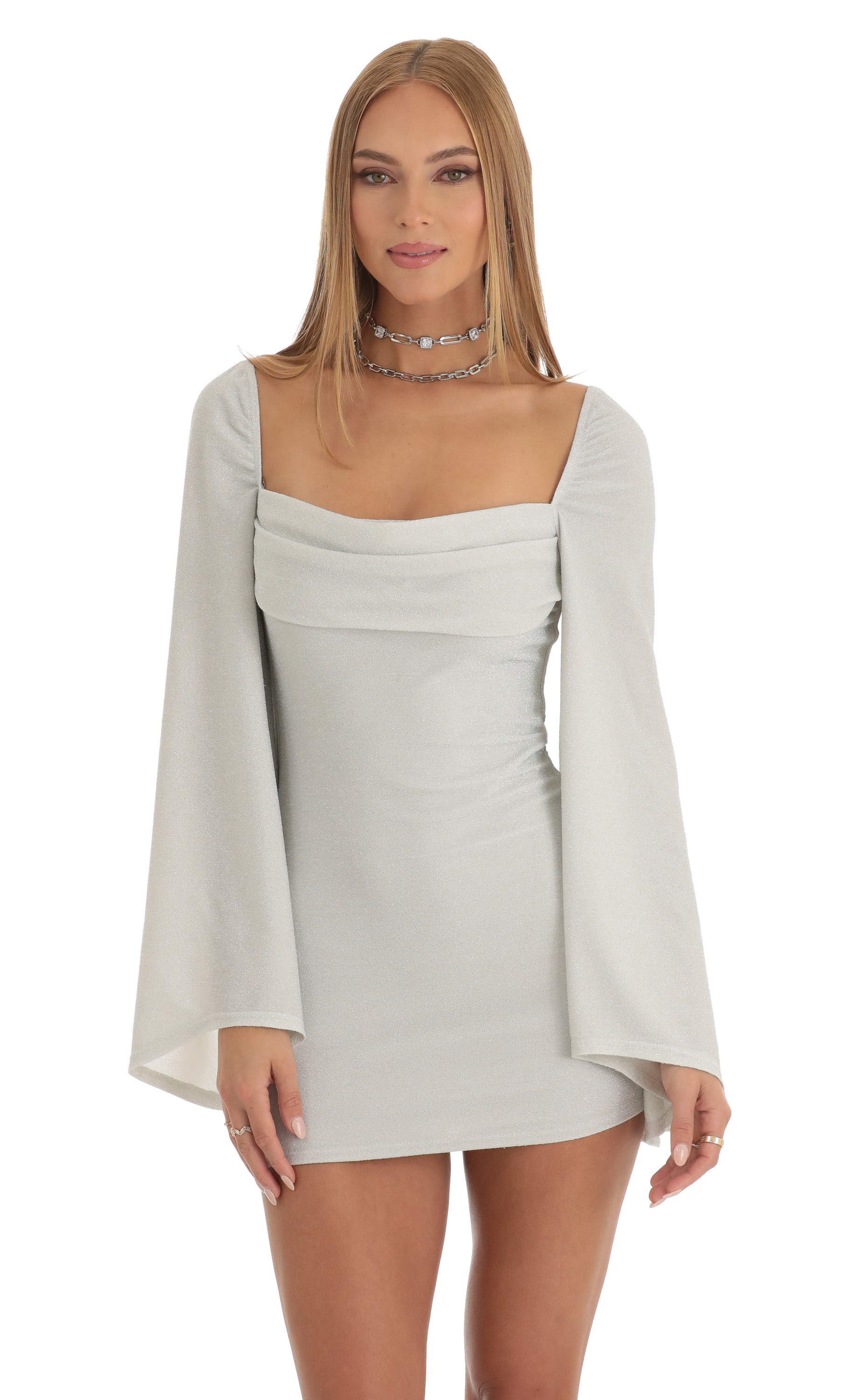 Knit Flare Sleeve Body Con Dress in Silver