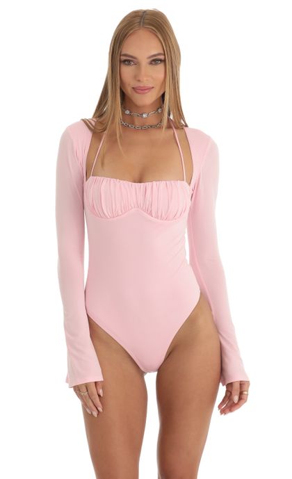 Flare Long Sleeve Bodysuit in Pink | LUCY IN THE SKY