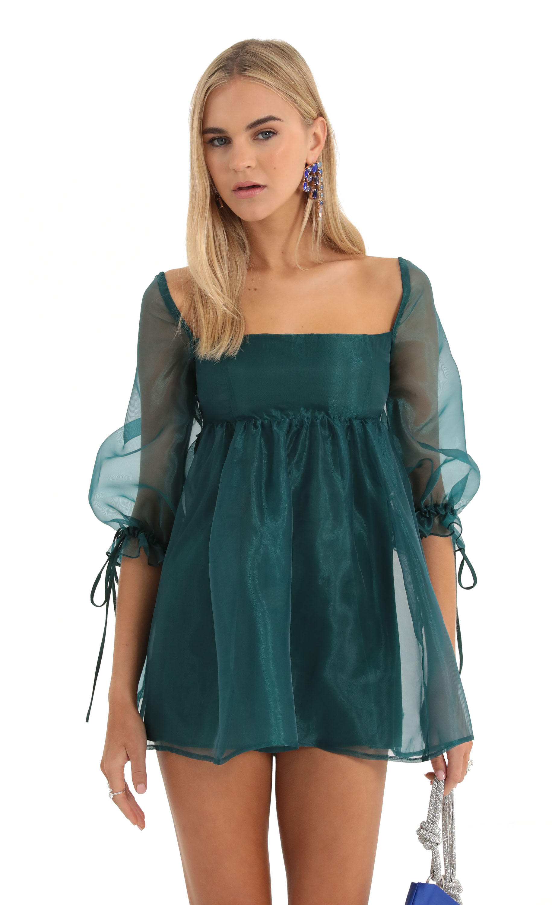 Puff Sleeve Baby Doll Dress in Green