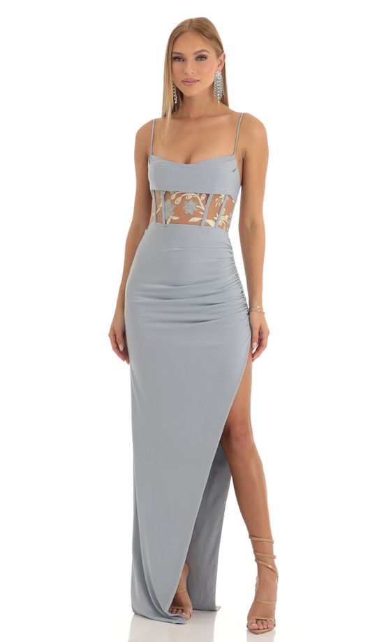 Cutout Embroidered Corset Maxi Dress in Grey