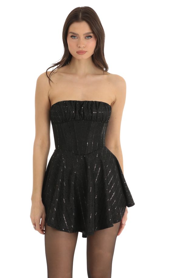 Dariy Sequin Corset Flare Dress in Black