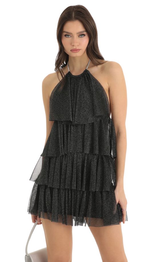 Sindie Mesh Ruffle Dress in Black