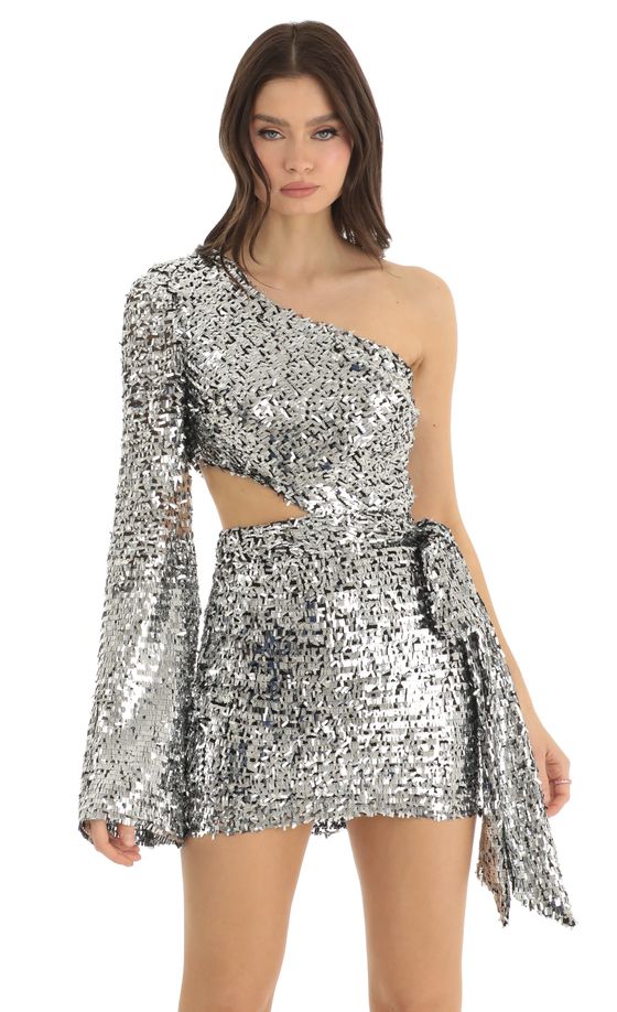Daria Mesh Sequin One Shoulder Dress in Siver