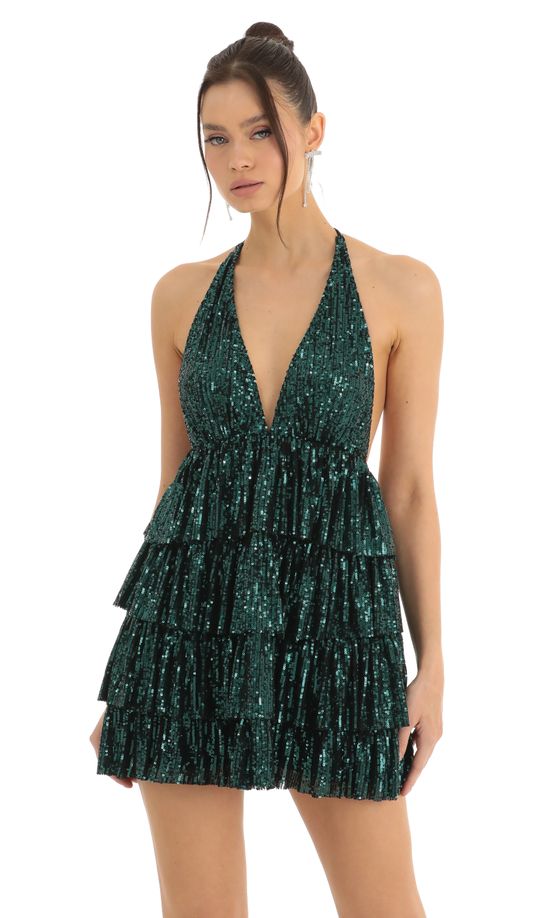 Sequin Ruffle Dress in Green