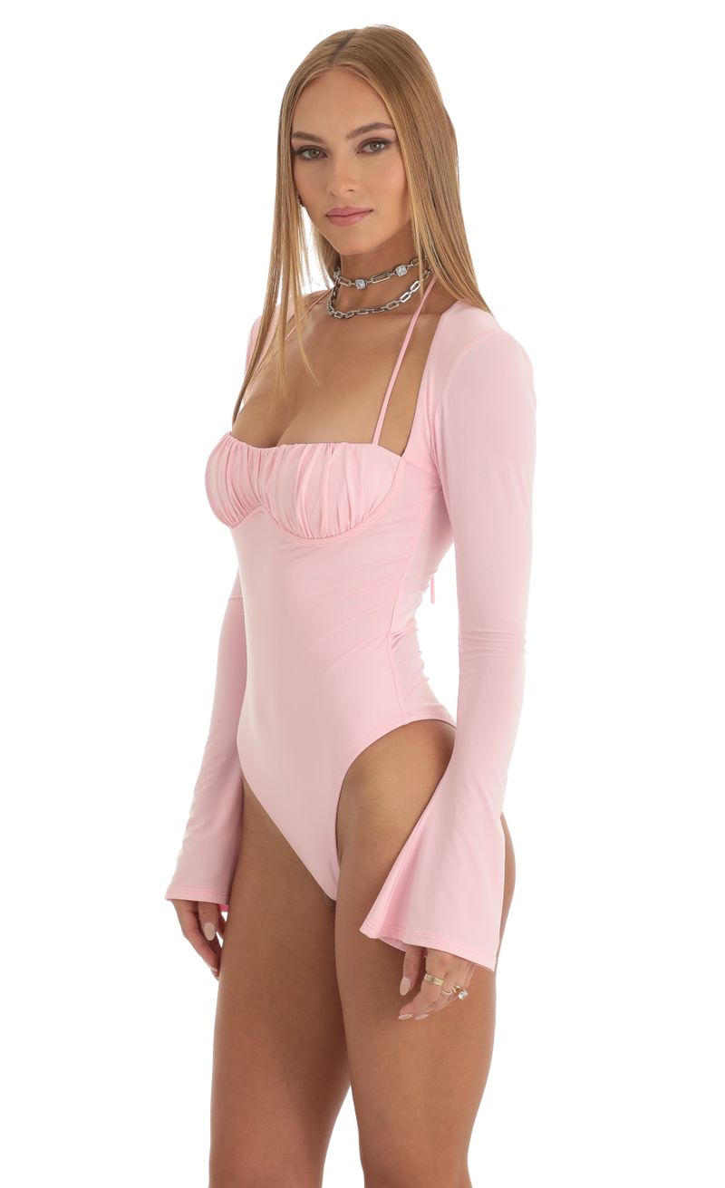 Trend Check Pale Pink Satin Long Sleeve Bodysuit