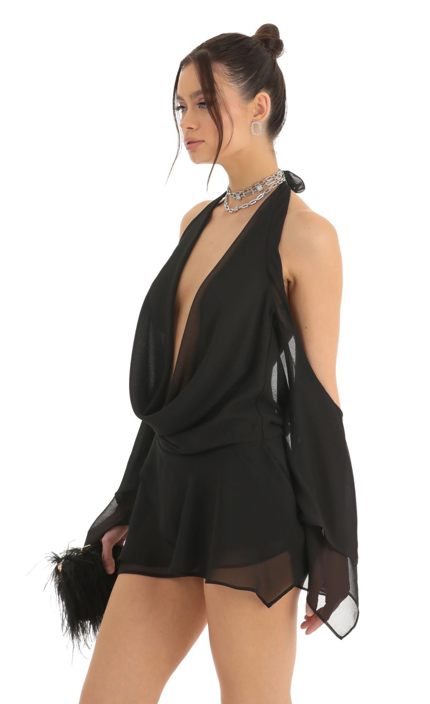 Picture Chiffon Draped Cowl Neck Dress in Black. Source: https://media-img.lucyinthesky.com/data/Dec22/850xAUTO/09097401-82d8-4e61-a911-e8a187c740bb.jpg