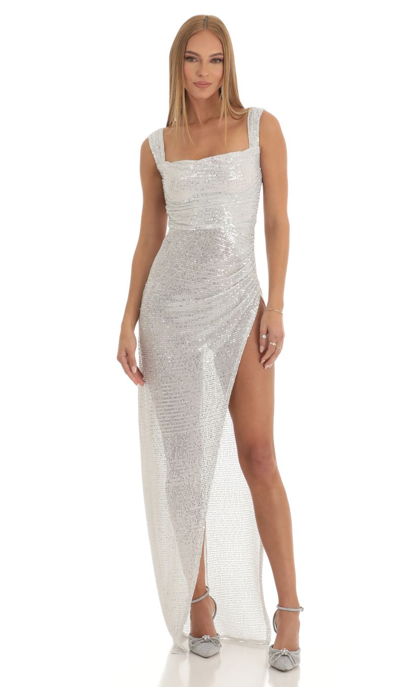 Picture Sequin Side Slit Maxi Dress in Silver. Source: https://media-img.lucyinthesky.com/data/Dec22/850xAUTO/0bcf38f6-15b4-4027-a40f-11cb9e164324.jpg