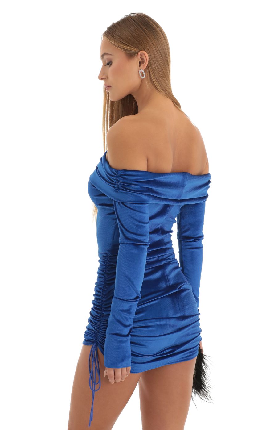 Picture Velvet Ruched Long Sleeve Dress in Blue. Source: https://media-img.lucyinthesky.com/data/Dec22/850xAUTO/0c7de52e-442f-4f76-ad55-dcdb9c4e08ab.jpg