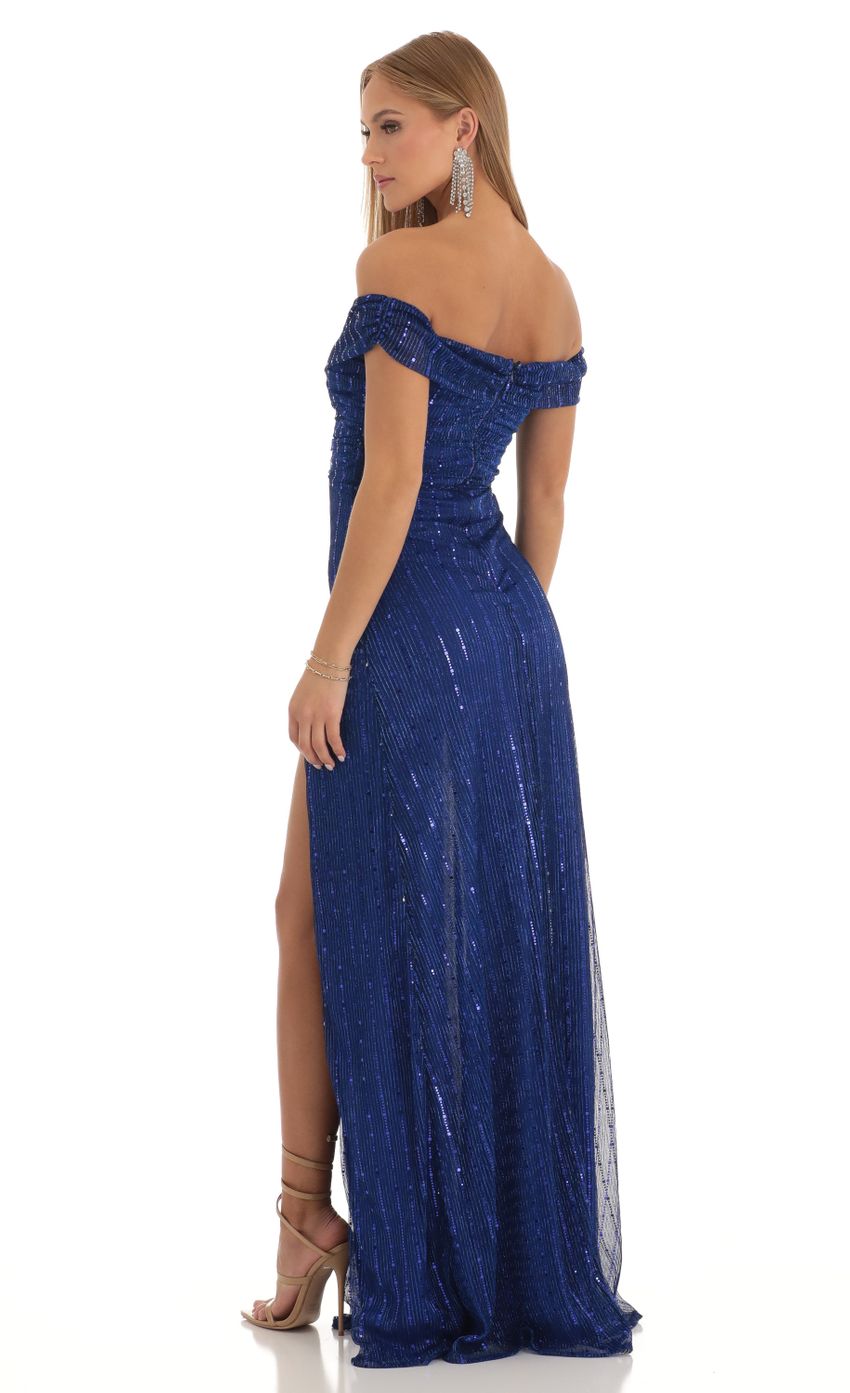 Picture Sequin Striped Off The Shoulder Maxi Dress in Blue. Source: https://media-img.lucyinthesky.com/data/Dec22/850xAUTO/0c93c68c-b6ca-4fb8-93a6-36f6e4640427.jpg
