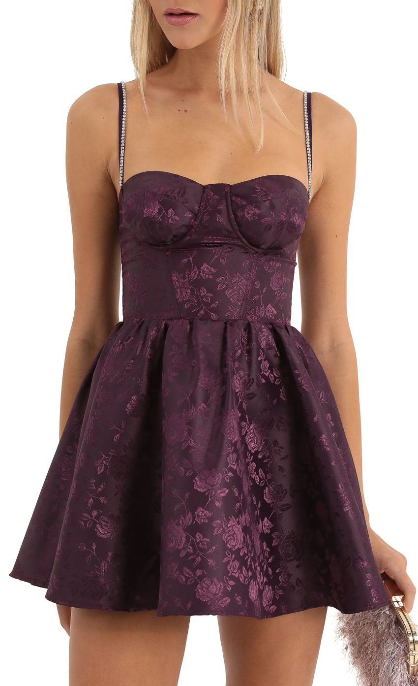 Picture Floral Jacquard Corset Dress in Purple. Source: https://media-img.lucyinthesky.com/data/Dec22/850xAUTO/0ceee994-28aa-42de-8bb7-6834945f18bc.jpg