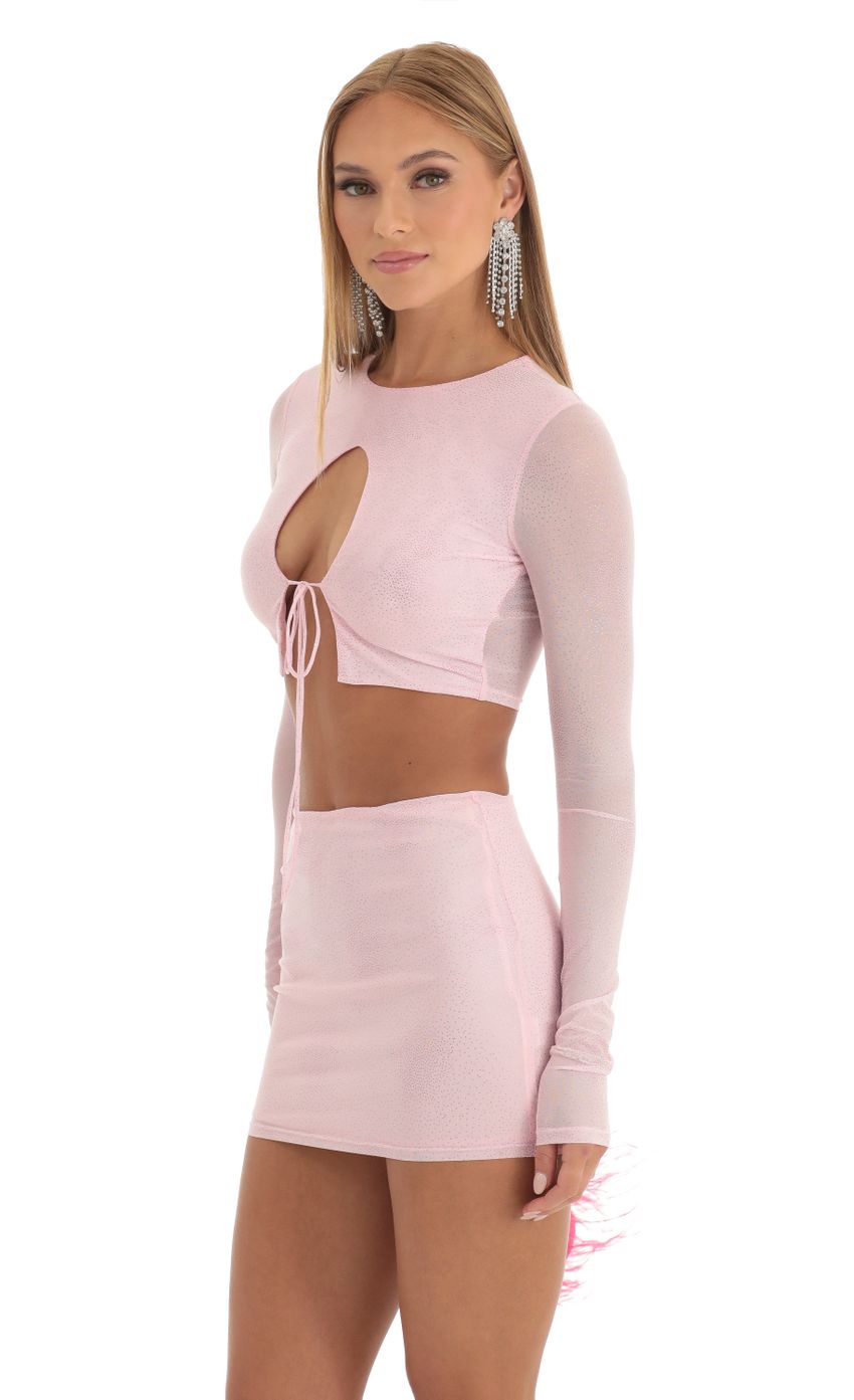Picture Glitter Mesh Two Piece Skirt Set in Pink. Source: https://media-img.lucyinthesky.com/data/Dec22/850xAUTO/221c138b-c48c-46b8-b035-6a06270d0e85.jpg