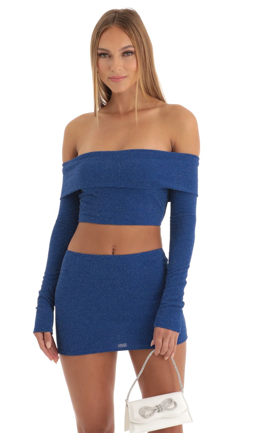 Picture Sama Metallic Two Piece Skirt Set in Blue. Source: https://media-img.lucyinthesky.com/data/Dec22/850xAUTO/28945e9b-d7bf-4b36-b063-006f296b2501.jpg