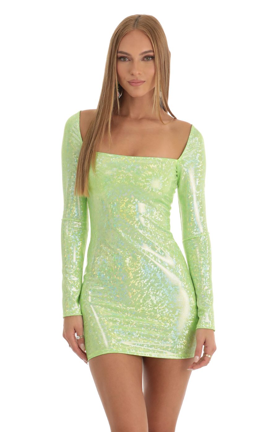 Picture Holographic Long Sleeve Bodycon Dress in Light Green. Source: https://media-img.lucyinthesky.com/data/Dec22/850xAUTO/2c4cb922-345e-4660-93b6-07936c0c0102.jpg
