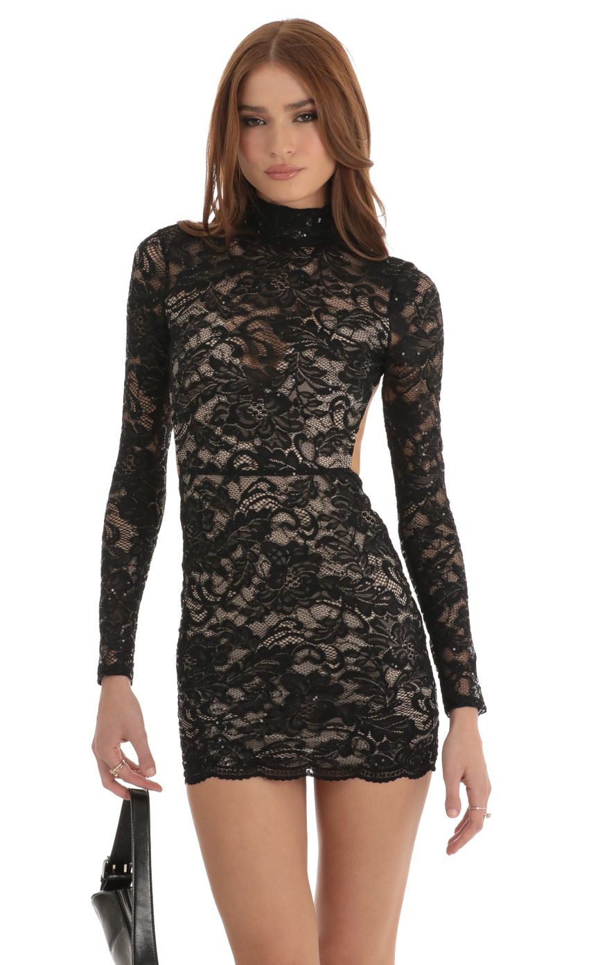 Picture Sequin Lace Open Back Dress in Black. Source: https://media-img.lucyinthesky.com/data/Dec22/850xAUTO/2cca4c42-b18b-4471-b801-c5f7ea69bca3.jpg