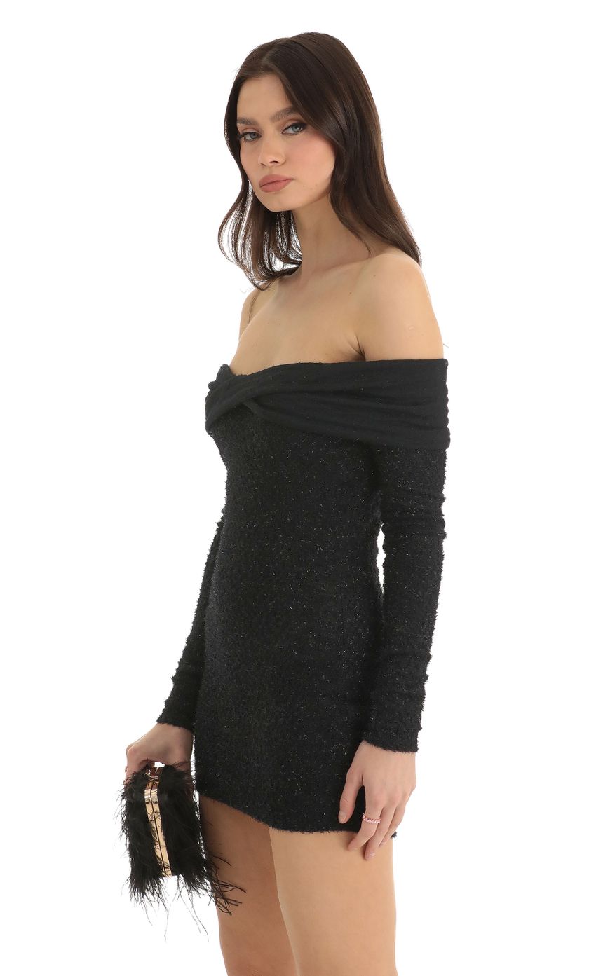 Picture Eyelash Off The Shoulder Dress in Black. Source: https://media-img.lucyinthesky.com/data/Dec22/850xAUTO/303f4557-445a-4f2a-9146-0fb0b704d824.jpg