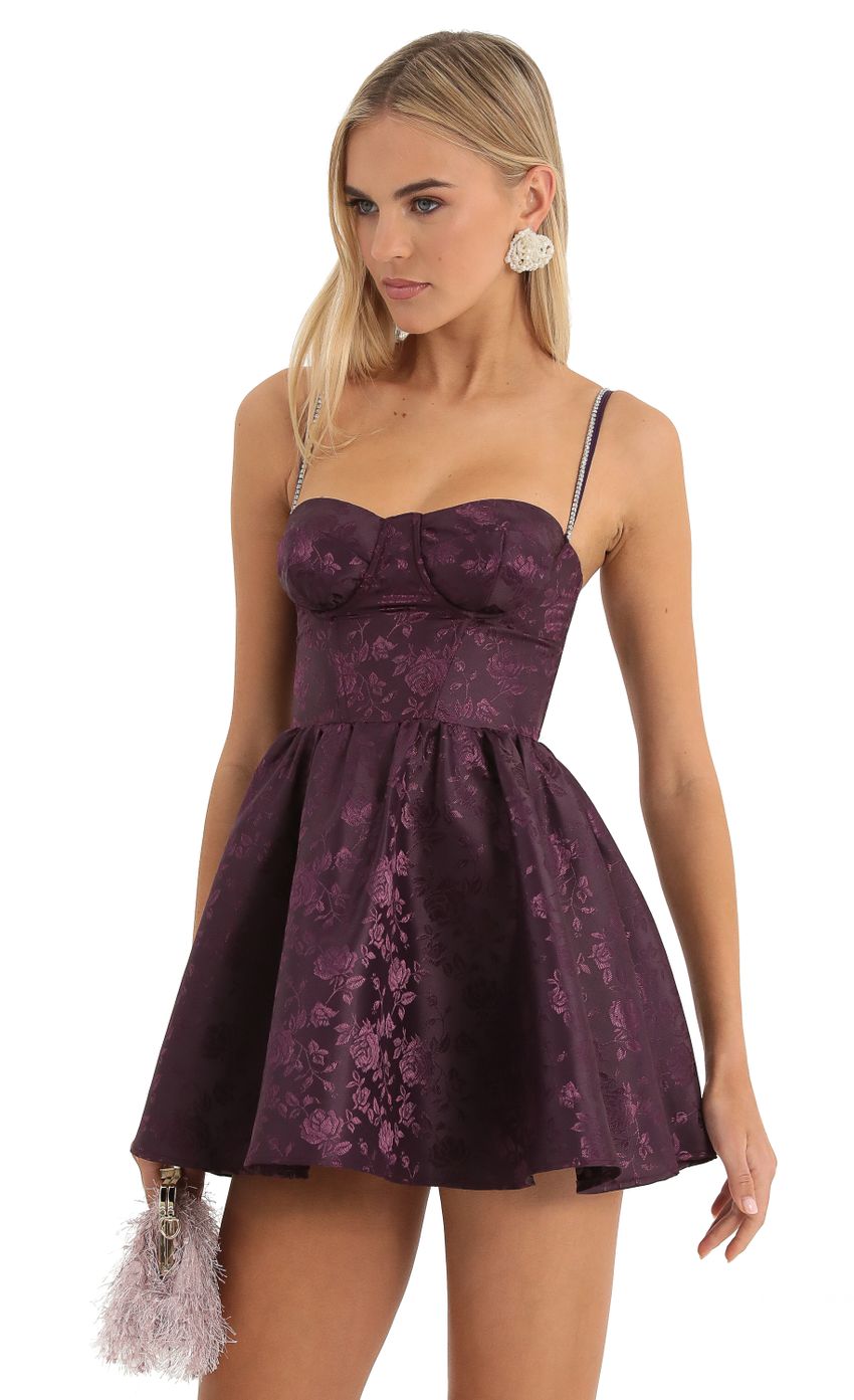 Picture Floral Jacquard Corset Dress in Purple. Source: https://media-img.lucyinthesky.com/data/Dec22/850xAUTO/33fd7b85-9a3f-40e1-b5a2-f3f3e4b7e023.jpg
