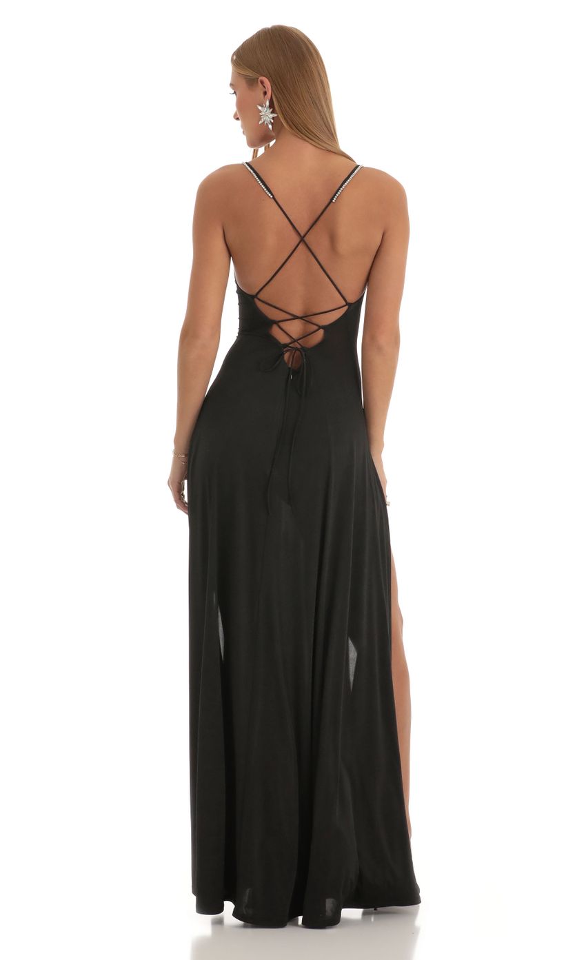 Picture Rhinestone Slit Maxi Dress in Black. Source: https://media-img.lucyinthesky.com/data/Dec22/850xAUTO/3b3ed84c-7f4e-4492-94dc-681a4cff017c.jpg