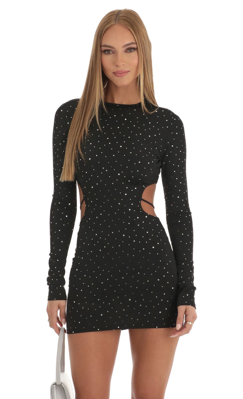 Picture Shimmer Cutout Open Back Dress in Black. Source: https://media-img.lucyinthesky.com/data/Dec22/850xAUTO/3eb8f5f0-404c-41e1-9714-e1435d6a5c89.jpg