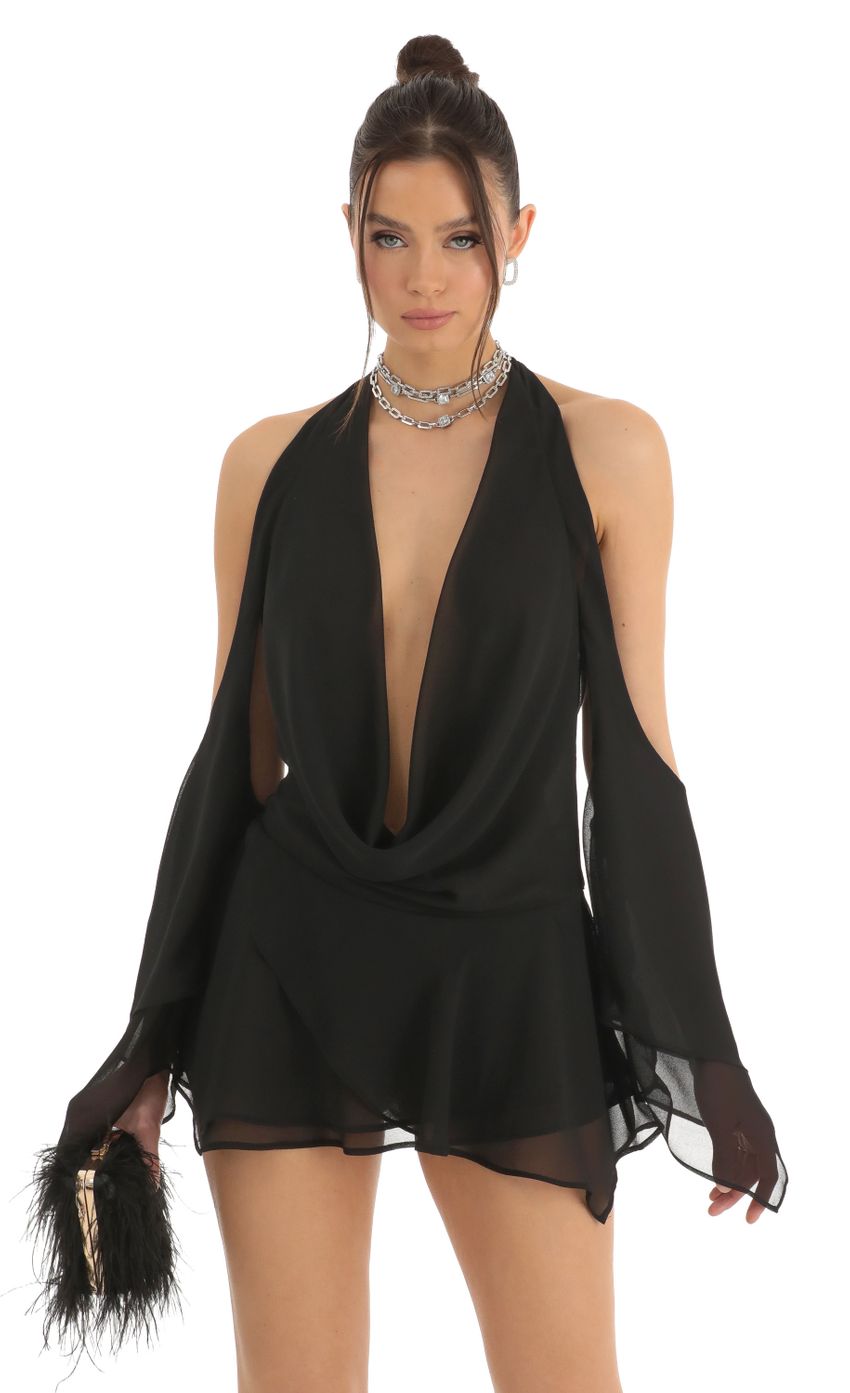 Picture Chiffon Draped Cowl Neck Dress in Black. Source: https://media-img.lucyinthesky.com/data/Dec22/850xAUTO/4103b0df-4883-4eda-b19c-4f878b64ca76.jpg
