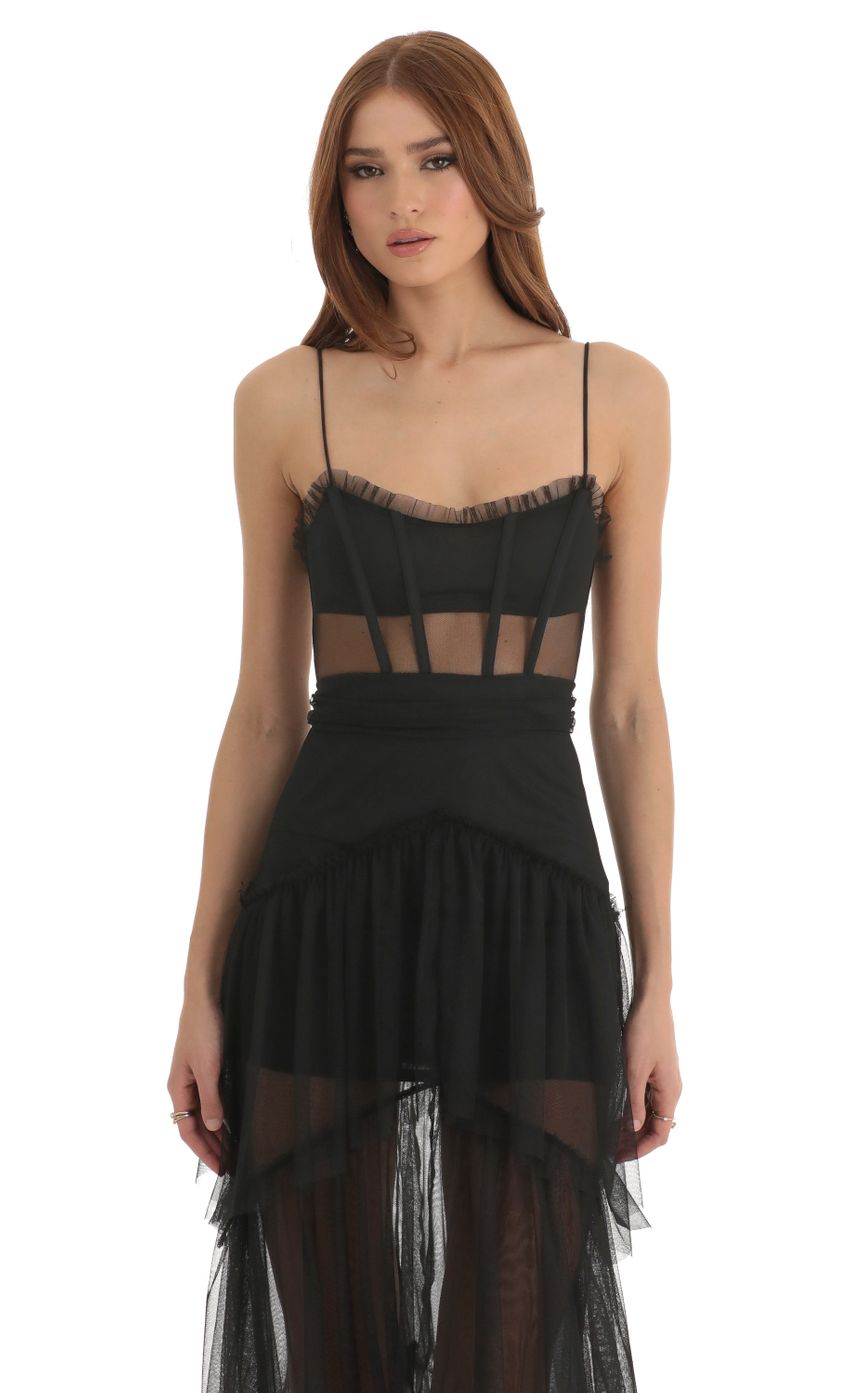 Picture Mesh Corset Maxi Dress in Black. Source: https://media-img.lucyinthesky.com/data/Dec22/850xAUTO/4141fb0a-51f9-40a3-9e2d-8e6b540a4820.jpg