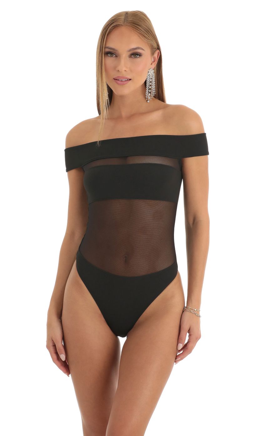 Picture Clarisse Mesh Illusion Bodysuit in Black. Source: https://media-img.lucyinthesky.com/data/Dec22/850xAUTO/4d9a42a9-3588-40ea-85a4-d085c28a031a.jpg