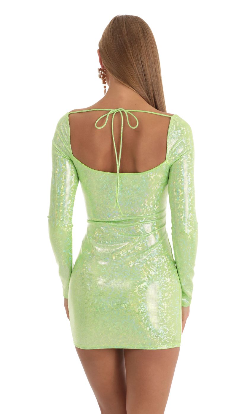 Picture Holographic Long Sleeve Bodycon Dress in Light Green. Source: https://media-img.lucyinthesky.com/data/Dec22/850xAUTO/4dc632cc-4d97-4df4-b616-30d43c489bcc.jpg