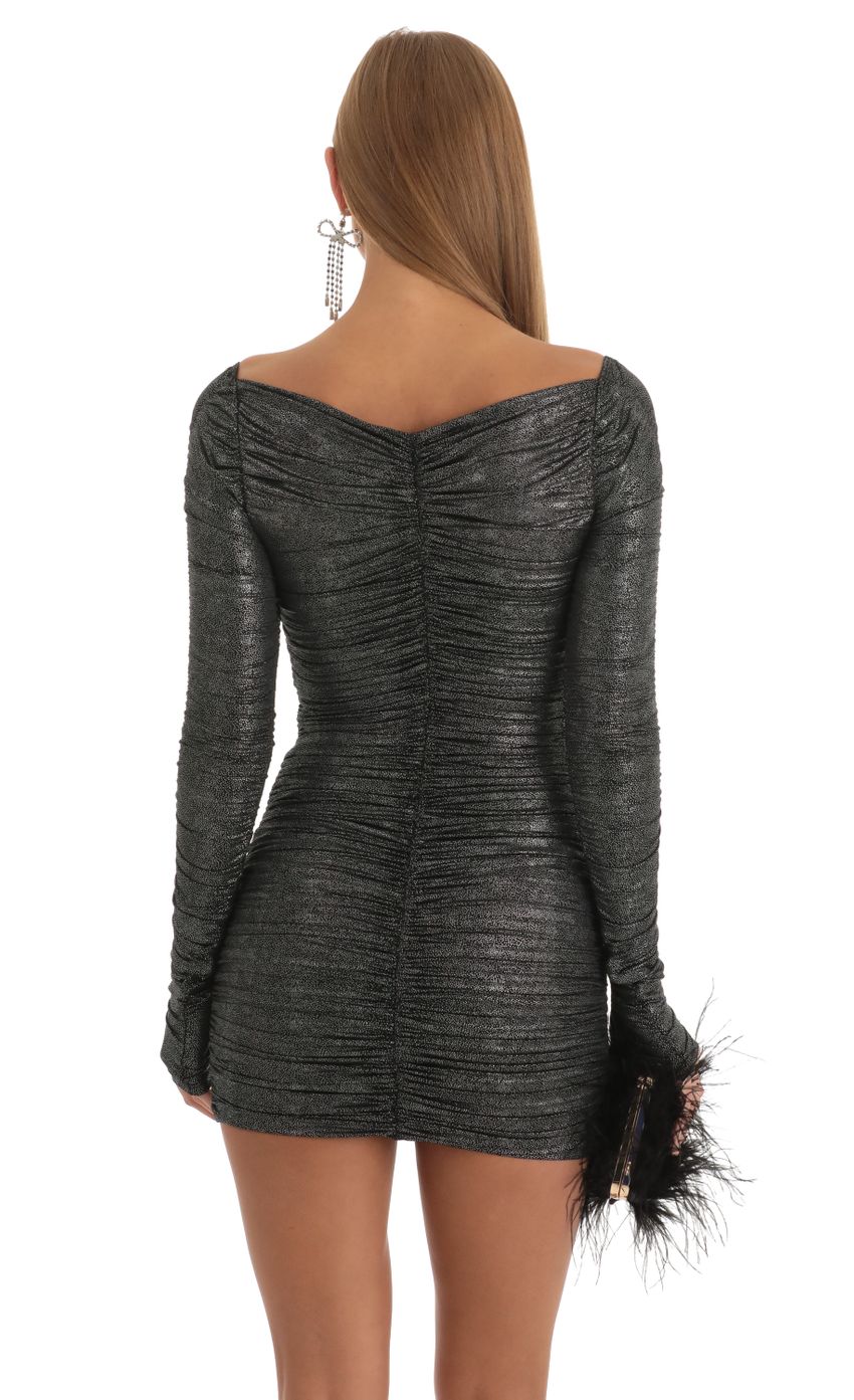 Picture Ruched Foil Bodycon Dress in Black. Source: https://media-img.lucyinthesky.com/data/Dec22/850xAUTO/52347524-d305-4a5c-bc62-edfd71fc3256.jpg