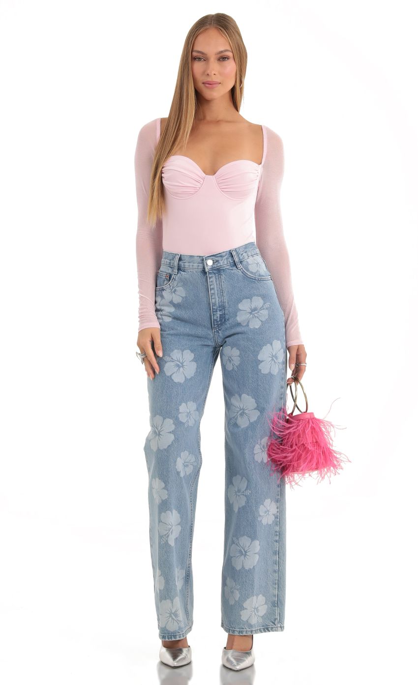 Picture Glitter Mesh Long Sleeve Bodysuit in Pink. Source: https://media-img.lucyinthesky.com/data/Dec22/850xAUTO/52af96bc-876e-4d9e-b764-8e785f8756ff.jpg