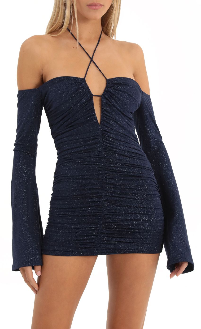 Picture Glitter Ruched Bodycon Dress in Blue. Source: https://media-img.lucyinthesky.com/data/Dec22/850xAUTO/541ee7d3-5e93-4eb1-8bf3-a7209202770b.jpg