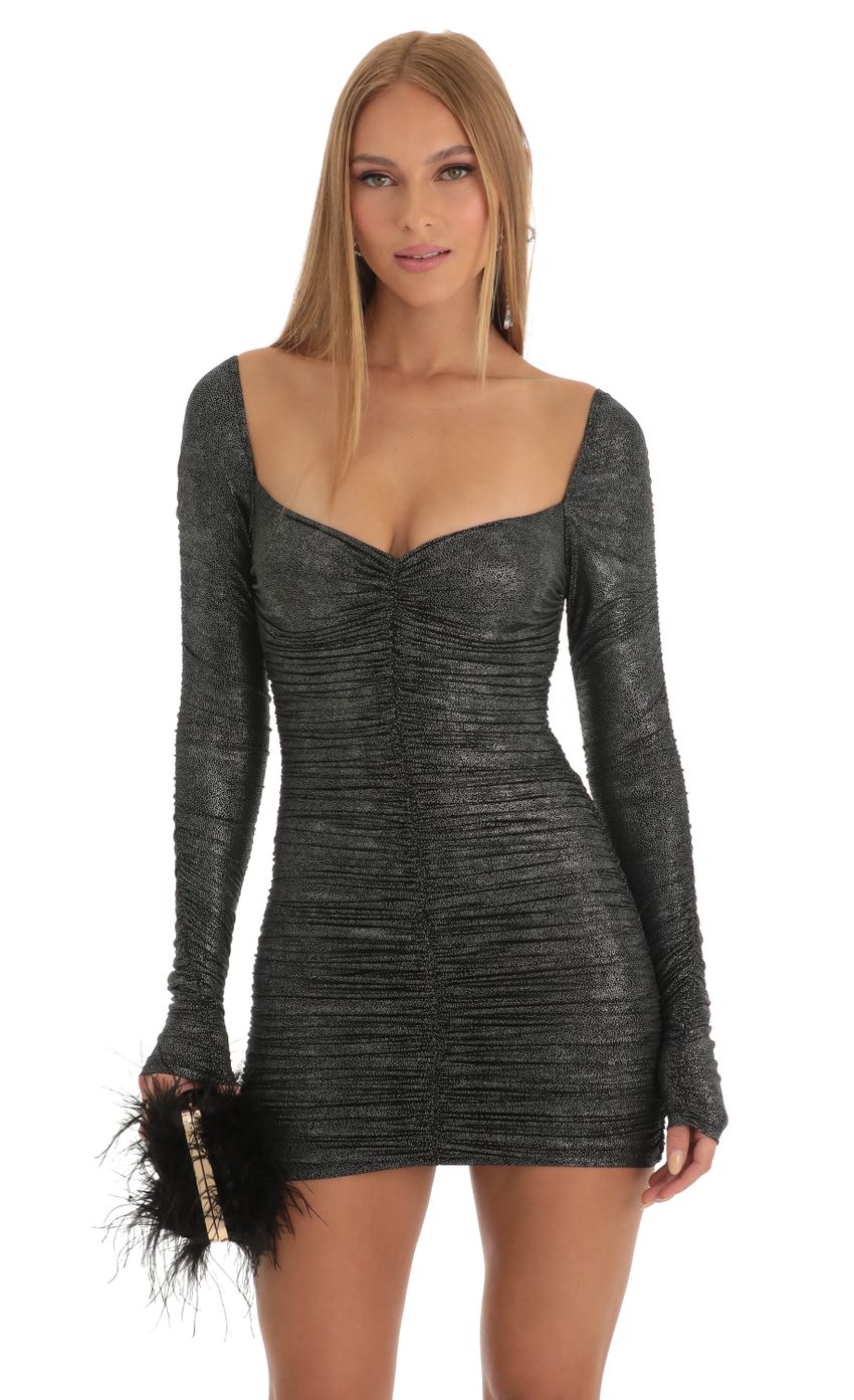 Picture Ruched Foil Bodycon Dress in Black. Source: https://media-img.lucyinthesky.com/data/Dec22/850xAUTO/553b50a4-6eb1-4fd9-9585-478fa0765577.jpg