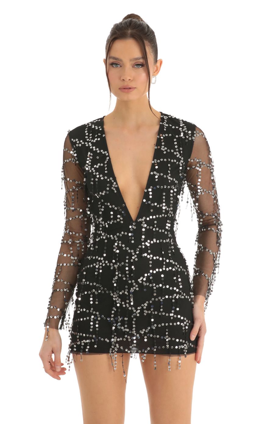 Picture Dangling Sequin Plunge Dress in Black. Source: https://media-img.lucyinthesky.com/data/Dec22/850xAUTO/5d5309bc-ef5b-4e5e-a405-c3f8d26c1830.jpg