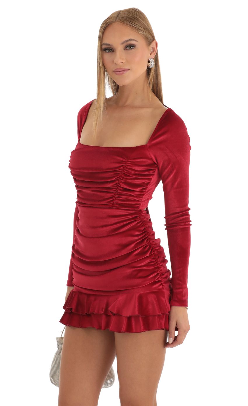 Picture Velvet Long Sleeve Ruched Dress in Red. Source: https://media-img.lucyinthesky.com/data/Dec22/850xAUTO/666b9117-b83e-42bf-ac16-cb79e51de3f0.jpg