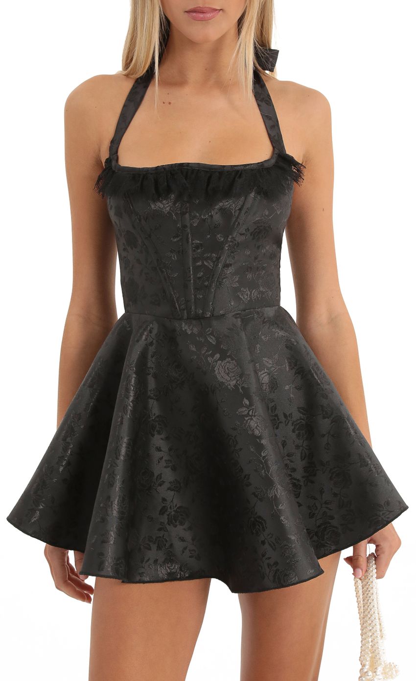 Picture Floral Jacquard Corset Lace Trim Dress in Black. Source: https://media-img.lucyinthesky.com/data/Dec22/850xAUTO/6a639aed-1232-4707-a0c9-7a9d61849132.jpg