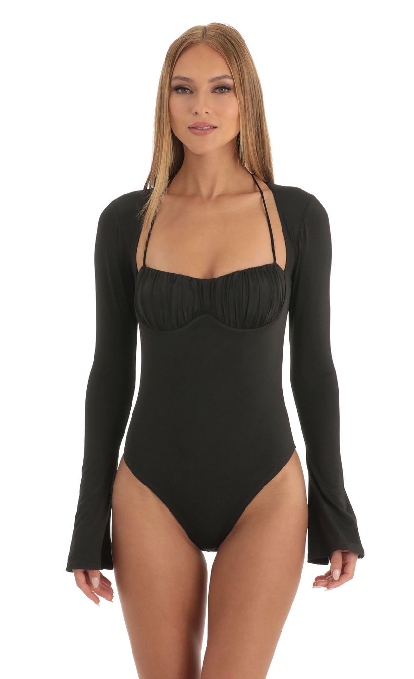Picture Flare Long Sleeve Bodysuit in Black. Source: https://media-img.lucyinthesky.com/data/Dec22/850xAUTO/706655e6-2b06-4489-90df-1a1dae5deada.jpg
